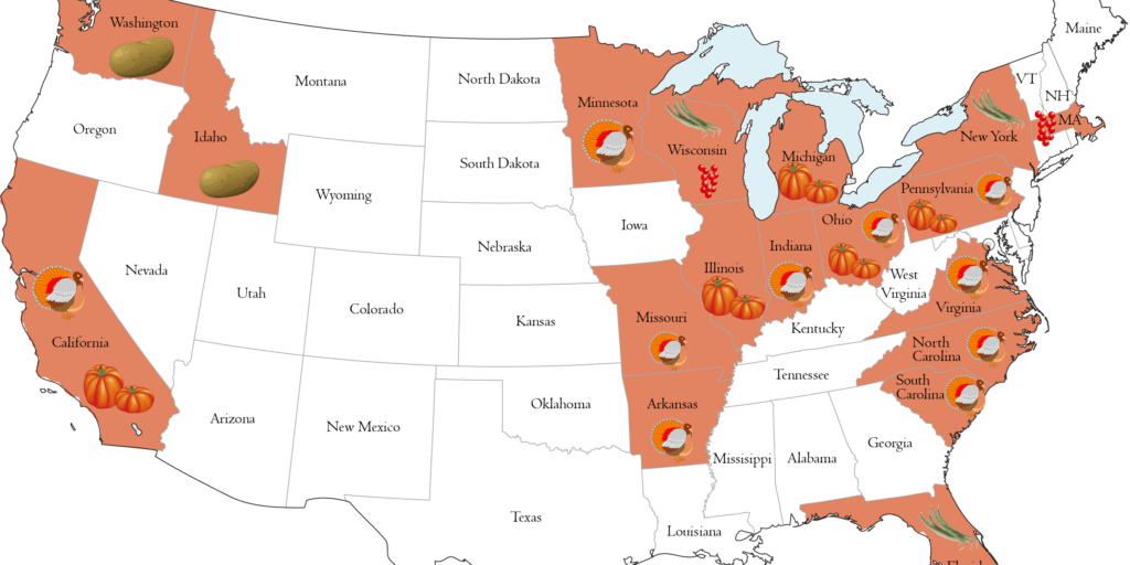 US map Thanksgiving food